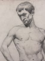 Ancien dessin académie portrait jeune homme brun nu debout déhanché atelier - Miniature 4
