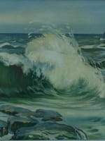 Tableau ancien paysage maritime bord de mer vague Bretagne marine signé Mathieu - Miniature 1