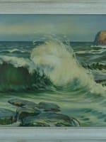 Tableau ancien paysage maritime bord de mer vague Bretagne marine signé Mathieu - Miniature 3