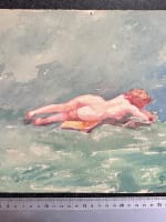 Ancienne aquarelle portrait de jeune femme, nue, allongée dans un paysage 1920 - Miniature 4