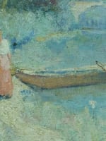 Ancien tableau impressionniste paysage bord de rivière animée Provence Bastogy - Miniature 6