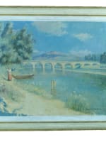 Ancien tableau impressionniste paysage bord de rivière animée Provence Bastogy - Miniature 14