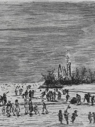 Ancienne gravure impressionniste patineur rivière Napoléon Lepic 1867 Degas rare