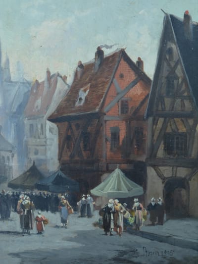 Beau tableau normand vue de Rouen marché animé étals costume signé Rosier XIXe