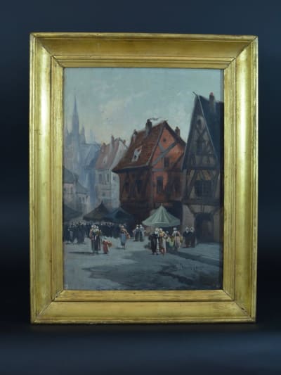 Beau tableau normand vue de Rouen marché animé étals costume signé Rosier XIXe