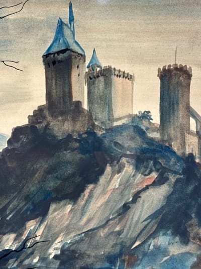 Tableau, ancien aquarelle, vue de château Foix médiéval Ariège Claude Perrier XXe