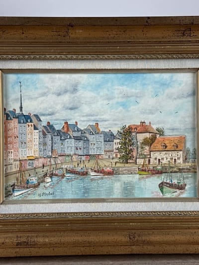 Tableau ancien le port d'Honfleur Vieux bassin, marine Henri Plubel Normandie