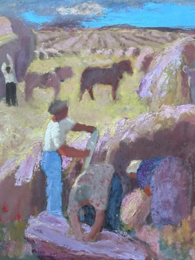 Tableau ancien Art déco Sigrist paysage provençal été moisson travaux des champs