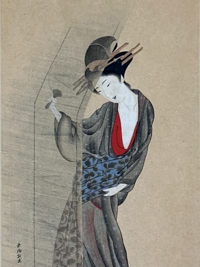 Lithographie ancienne Japon femme au chat Yamaguchi Soken Tokyo