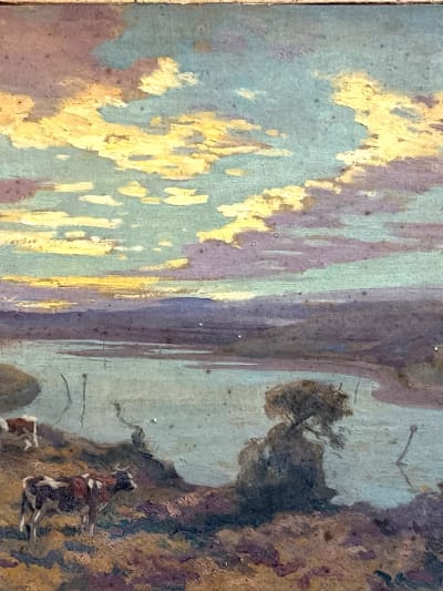 Ancien tableau breton marine vache ciel orange Bretagne attribué à Édouard Doigneau n°7