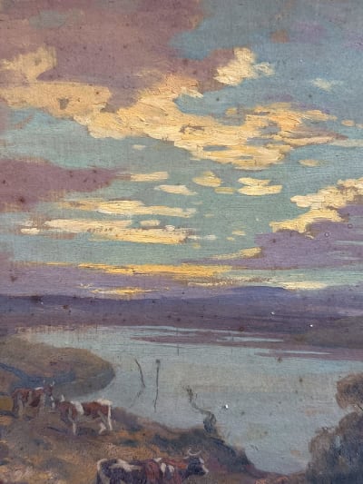 Ancien tableau breton marine vache ciel orange Bretagne attribué à Édouard Doigneau n°7