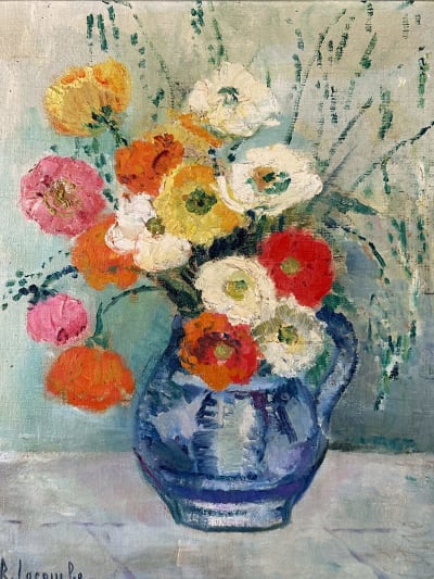 Tableau ancien art déco bouquet de fleurs pavots signé Lacombe cadre gradin