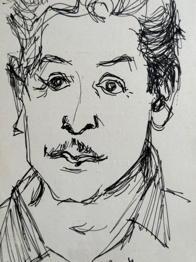 Ancien dessin encre portrait autoportrait Daniel DU JANERAND 1957 Menu
