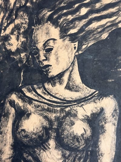 Tableau ancien expressionniste grand portrait femme paysage encre Spring