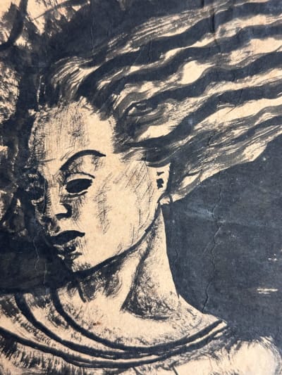 Tableau ancien expressionniste grand portrait femme paysage encre Spring