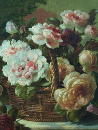Tableau ancien bouquet de roses panier marbre paysage signé Boucher Lyon XIXe