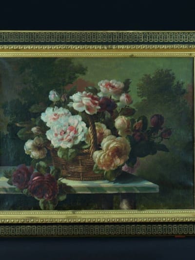 Tableau ancien bouquet de roses panier marbre paysage signé Boucher Lyon XIXe