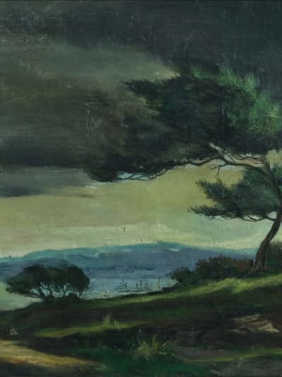 Tableau ancien cavalier dans la plaine bord de mer ciel orageux XIXe signé HST