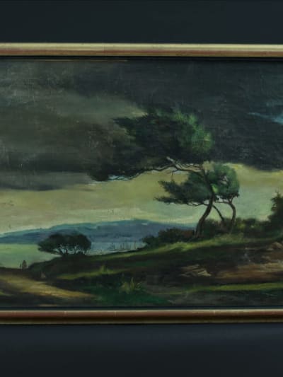Tableau ancien cavalier dans la plaine bord de mer ciel orageux XIXe signé HST