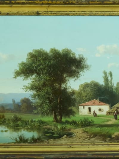 Tableau ancien Alfred Godchaux paysage animé montagne vallée rivière printemps