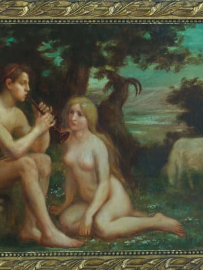 Tableau ancien portrait femme homme nu pastorale Arcadie A.J Boisson Nîmes XIXe