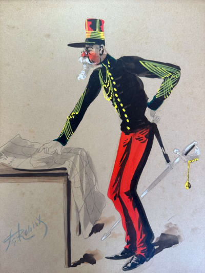 Ancien tableau militaria portrait militaire mariage Caen caricature Robert x 3