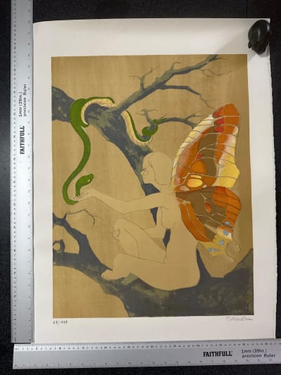 Lithographie nue Ève serpent Chrysalide arbre pomme érotisme 1970 Alloueteau