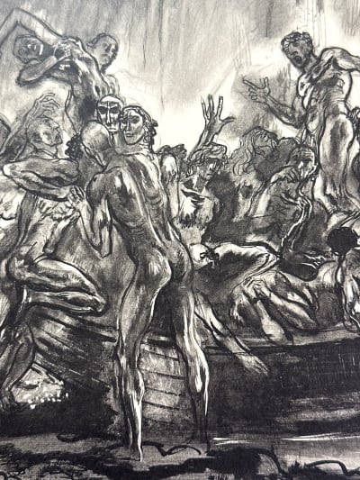 Lithographie, Eddy, Legrand naufrage enfer Dante homme corps nu entrelacé bateau