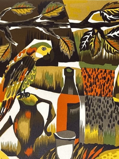 Lithographie moderne Ara nature morte tapisserie Jean Claude Bissery 1970 vintag