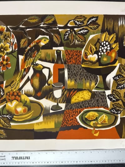 Lithographie moderne Ara nature morte tapisserie Jean Claude Bissery 1970 vintag