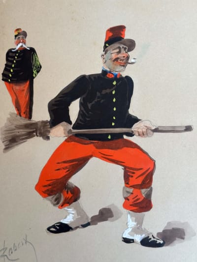 Ancien tableau militaria portrait militaire corvée balai caricature Robert x 3