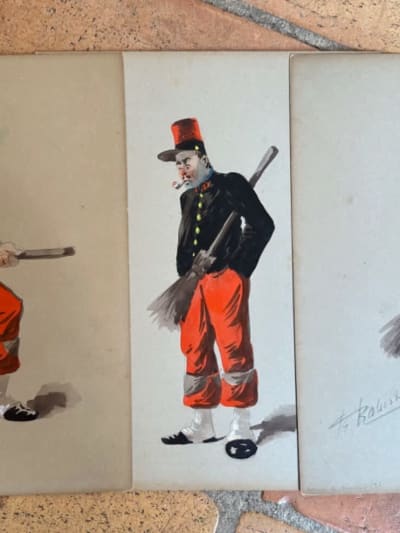 Ancien tableau militaria portrait militaire corvée balai caricature Robert x 3
