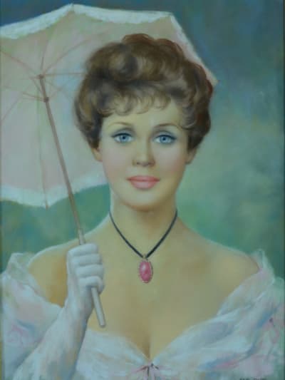 Ancien tableau portrait jeune femme à l'ombrelle et collier camée Jac Dum pastel
