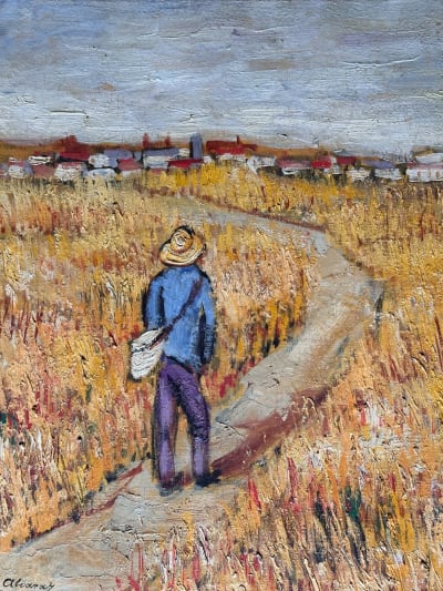 Tableau ancien impressionniste Alcaraz portrait homme champ de blé Van Gogh XXe