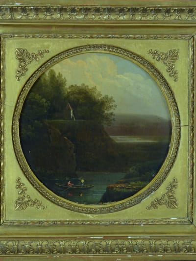 Ancien tableau paysage promeneur barque château école française 18e suiv Bidauld