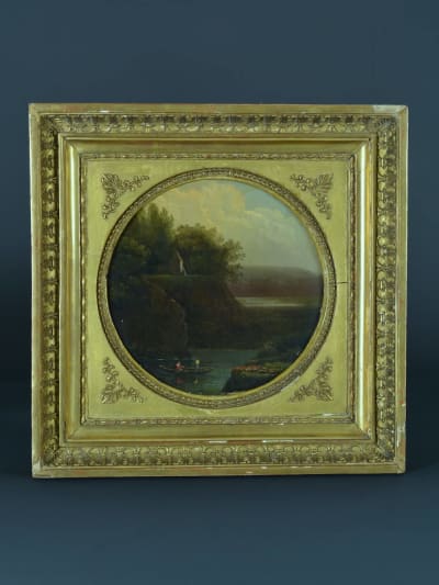 Ancien tableau paysage promeneur barque château école française 18e suiv Bidauld