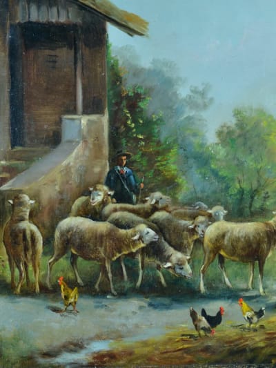 Beau tableau ancien départ du troupeau XIXe sv Paul Chaigneau signé Bertin
