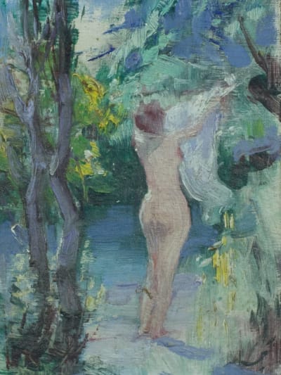 Ancien tableau portrait femme nue nymphe trois grâces au bain Louis Delfau