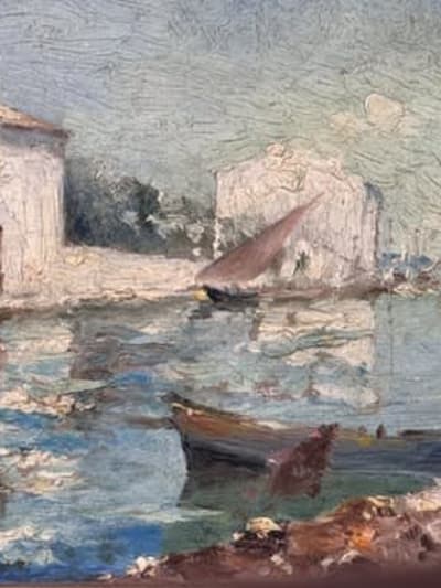 Tableau ancien marine vue du village des Martigues bord de mer bateau Olive