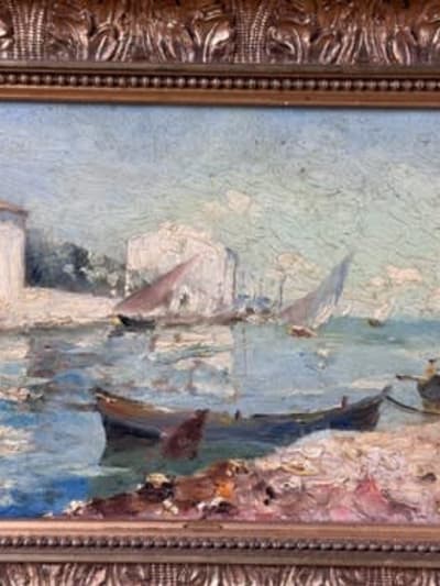 Tableau ancien marine vue du village des Martigues bord de mer bateau Olive