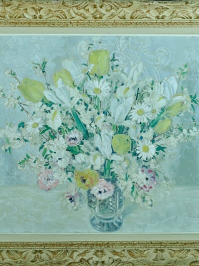 Tableau ancien grand bouquet de fleurs art déco nature morte vase Hélène Rivière