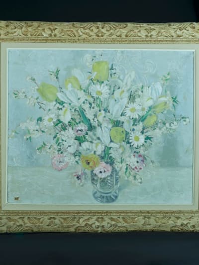 Tableau ancien grand bouquet de fleurs art déco nature morte vase Hélène Rivière