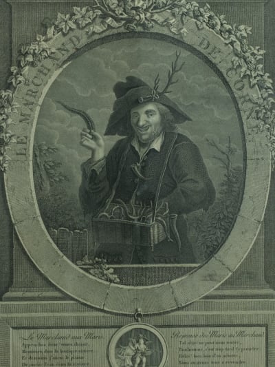Ancienne gravure portrait marchand de cornes fidélité mariage allégorie Le Nain