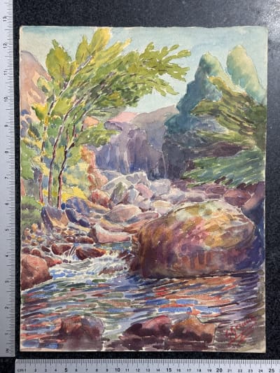 Ancienne aquarelle signée G. Geraud paysage rochers le torrent d'Ariège 1911