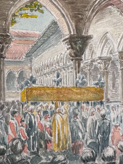Ancienne aquarelle procession religieuse dans un cloître art nouveau chrétienté
