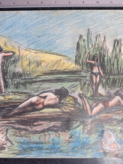 Ancien dessin les baigneuses nues dans un lac signé G. Geraud