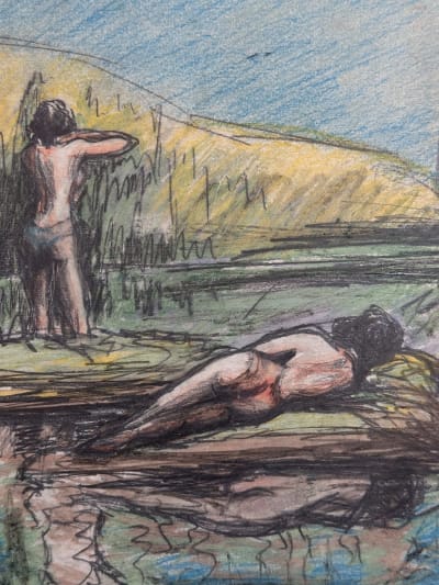 Ancien dessin les baigneuses nues dans un lac signé G. Geraud