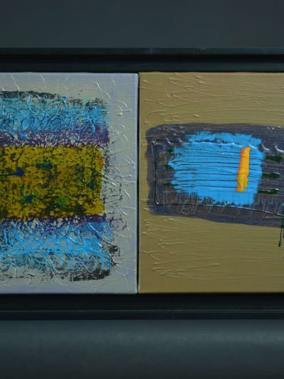 Ancien tableau abstrait contemporain Cosmos signé Nash cadre x 2