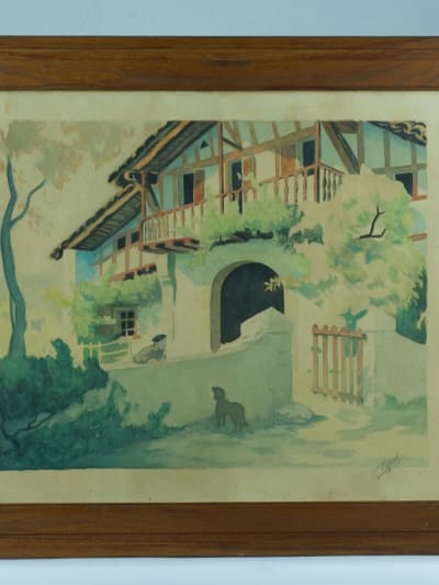 Ancien tableau Pays Basque maison chien portrait Raoul Serres Art déco aquarelle