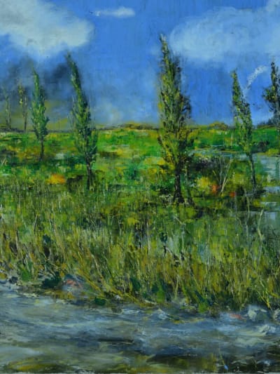 Tableau ancien paysage arboré les jeunes peupliers printemps signé Charbit HST